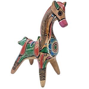 TONALA FOLK ART Horse Figurine Handpainted Pony Bank Mexican Pottery Burnished